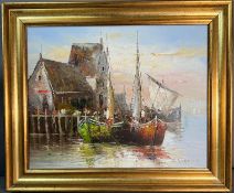 An oil on canvas of a harbour scene signed lower right Logan (82cm x 53cm)