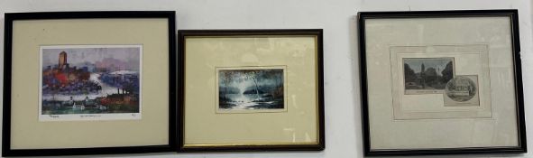 Three framed prints; a signed Chris Ruffell print of London (Dogs and Dome), a signed watercolour