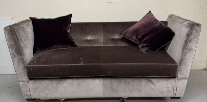 A grey velvet three seater sofa with button back, grey piping and stud detail (SH40cm H72cm W198cm