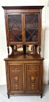 Edwardian style free standing corner unit with strong and ornate inlay. Glazed cupboard over a