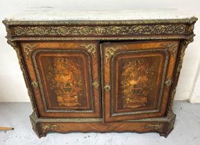 A Napoleon Marquetry sideboard with a marble top, floral inlay and ornate gilt brass mounts (