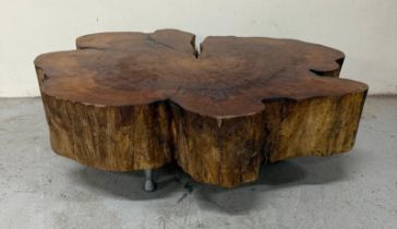 A coffee table on stainless steel legs, the top made from the varnished cross section of a tree (
