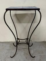 A wrought iron side table with blue and white tile top (H78cm W42cm D42cm) Condition Report