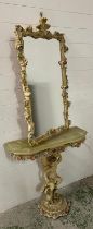 Baroque style console table and mirror set with floral garlands and cherub figure as a support to