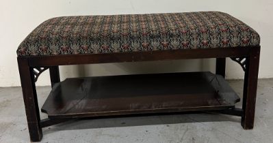 Chippendale style mahogany bench with upholstered seat and lower shelf(H49cm W107cm D48cm) Condition
