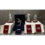 Four Swarovski crystal figures, three with stands and plaques, Harlequin, Columbine, Pierrot and
